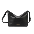 Borsa hobo minimalista in pelle nera con tracolla regolabile e scritta frontale - Nero