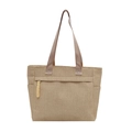 Grote kaki geweven tote bag met lavendel handvatten en een gele ritssluiting hanger - Khaki