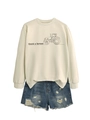 Detail of Thank a Farmer ivory sweatshirt with tractor print and ribbed cuffs - Sand (Black Print)