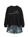 Close-up of black crewneck sweatshirt with white tractor print and Thank a Farmer slogan - Black (White Print)