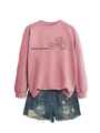 Detail of pink crewneck sweatshirt with 'thank a farmer' print and distressed denim shorts - Rose Gold (Black Print)