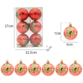 Set of 6 red Christmas balls with gold and green glitter leaf patterns and hooks - Leaf Pattern