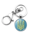 Detailed macro view of Ukraine trident emblem keychain with blue background and silver clasp - Scroll Pattern Trident Style (XSWX4486-6)