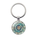 Porte-clés mandala avec cabochon en verre bleu et turquoise dans un anneau en argent - Style Mandala Bleu Cyan (XSWX5055-1)