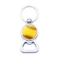 Silver alloy softball keychain bottle opener with yellow ball and red stitch pattern - Softball Style (JY007723-2)
