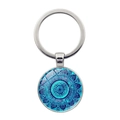 Bohemian mandala glass dome keychain with blue-green vintage pattern and silver metal ring - Blue Cyan Retro Pattern Style (XSWX5055-8)