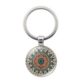 Mandala pattern round keychain with silver metal ring and orange bohemian glass pendant - Orange Cyan Symmetrical Mandala Style (XSWX5055-9)