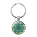 Teal mandala kaleidoscope glass cabochon keychain in silver finish for men and women - Yellow Green Kaleidoscope Style (XSWX5055-12)