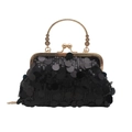 Pochette de soirée chic à paillettes noires avec cadre en métal doré et poignée femme - Noir