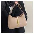 Detail of khaki leather shoulder bag featuring a gold chain strap and metal lock buckle - Khaki