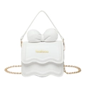 White faux leather shoulder bag with gold chain strap and decorative large bow - White