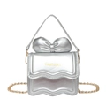 Mini silver crossbody bag for women with bow detail and gold chain strap - Silver
