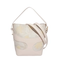 Beigefarbene Bucket Bag aus floralem Stoff mit Lederrahmen und doppelten Trägern - Weiß