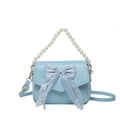 Light blue underarm bag with mesh bow, pearl handle, and adjustable shoulder strap - Blue
