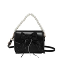 Elegant black shoulder bag with pearl handle, large bow detail and beaded tassel - Black
