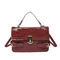 Deep red crocodile texture small square handbag with gold metallic buckle and top handle - Burgundy