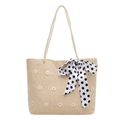 Borsa tote in paglia con ricamo a margherita e fiocco a pois neri per estate donna - Cachi