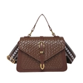 Deep brown crossbody bag with woven texture flap and patterned wide shoulder strap - Brown