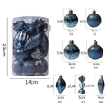 Detail of blue and silver Christmas ornament set with diverse shapes and sizing list - Midnight Blue