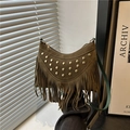Olive green suede crescent shoulder bag with metallic rivets and long fringe tassels - Green