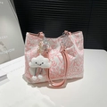 White canvas tote bag with pink graffiti patterns and plush cloud pendant accessory - With Pendant / Pink