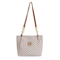 Beige Tragetasche mit braunen Trägern, goldenem M-Logo und Monogramm-Muster - Gebrochenes Weiß