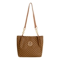 Braune Tragetasche mit Monogramm, Kettenriemen und goldenem Logo für Damenmode - Khaki