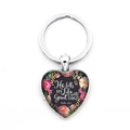 Silver heart keychain with pink floral pattern and inspirational quote in black background - He fills My Life (Psalm 103:5) / Silver