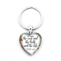 Porte-clés cœur argenté avec verset biblique Jean 14:6 et motif floral doux - I am the way the truth and the life / Argent