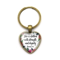 Porte-clés cœur en bronze avec motifs floraux et citation inspirante style rétro vintage - She is clothed with strength (Bronze) / Bronze