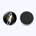 Front and back view of a 25mm glass basketball fridge magnet with athlete silhouette - Colorful Spiral Shooting Action (JY007837-3)
