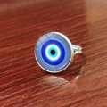 Adjustable silver evil eye ring with blue glass inlay and textured geometric borders - Blue Dot Geometric (JY007909-5)