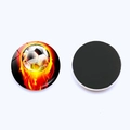 25mm glass fridge magnet featuring a burning soccer ball with black magnetic backing - Intense Red Yellow Flame Soccer Style (JY007863-17)