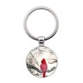 Silver round cardinal bird keychain with winter snow and red berries design - Red Berries Snow Bird Style (JY007872-4)