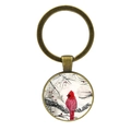 Vintage bronzen sleutelhanger met hanger van een rode kardinaalvogel illustratie - Kardinaal op Bessen Sneeuwtak Stijl (JY007873-4)