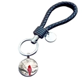 Handmade cardinal bird glass cabochon pendant with black braided leather keyring - Cardinal in Snow Art Illustration (JY007883-4)