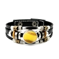 Multilayer leather bracelet featuring a glass cabochon with baseball texture - Baseball Style (JY007983-2)