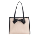 French chic off-white pleated tote bag with large black bow detail for summer - White and Black