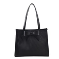 Black PU leather tote bag with vertical pleats and a large decorative bow on front - Black