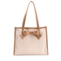 Chic cream pleated tote bag with contrasting brown leather handles and a central bow - Khaki