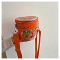 Detail of creative orange instant noodle bucket bag with adjustable shoulder strap - Spicy Beef Noodle / Orange Red