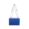 Navy blue quilted crossbody bag with stylish V-pattern and silver chain strap - Blue