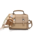 Khaki structured handbag with woven texture, metal buckles and plush bear charm - Khaki (No Pendant)