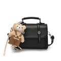 Classic black square handbag with crossbody strap and a cute white teddy bear charm - Black With Pendant