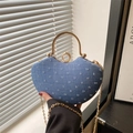 Mini borsa in denim con ricami floreali, manico dorato e tracolla a catena da donna - Blu
