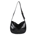 Glossy black crescent shoulder bag with gold hardware and adjustable strap on white background - Black