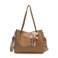 Large brown lychee leather tote bag with teddy bear charm and pattern strap - Brown with Pendant