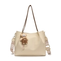 Off-white large tote bag with brown straps and cute bear charm, versatile crossbody style - White With Pendant