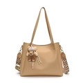 Camel lychee leather tote bag with stylish wavy strap and plush bear keychain - Khaki With Pendant