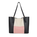 Large color-block tote bag in black, cream, and pink faux leather for daily commuting - Pink